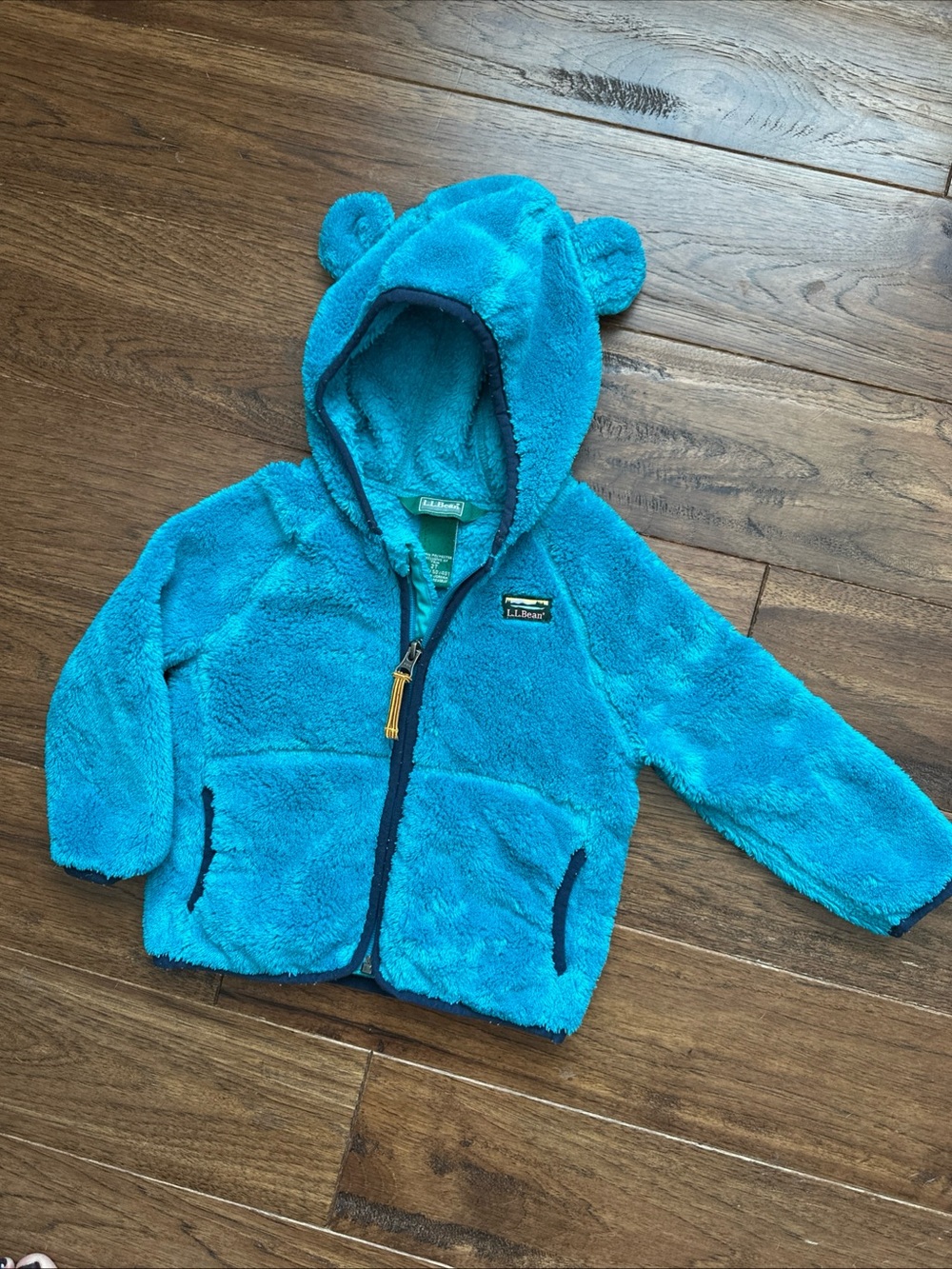 LL bean Hi-pile Fleece Hoodie Jacket 2T Turquoise Blue Bear Ears Zip Boys Girls